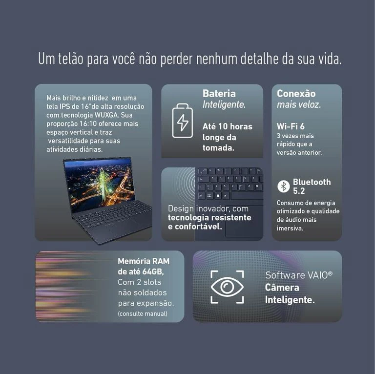 Imagem 50770 Notebook VAIO FE16 AMD® Ryzen 7-5825U Linux 8GB RAM 256GB SSD 16IPS WUXGA Antirreflexo - Cinza Grafite